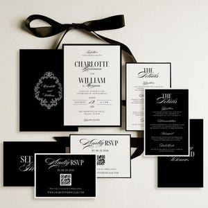 Elegant Black and White Wedding Invitation Suite, Canva, Printable, Download, 163
