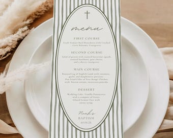 Green Baptism Menu Template, First Communion Menu, Stripe Baptism Menu, Thank You Tags, Printable, Canva, 151