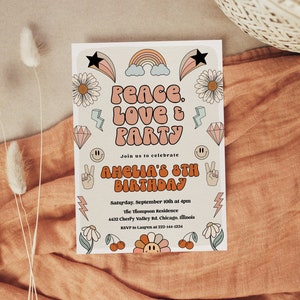 Groovy Birthday Invitation, Hippie, Retro, 70&#39;s Vibe, Any Age Birthday Invite, Peace Love, Instant Download, Editable, Template, 100A