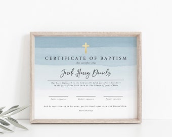 May include: A blue and white watercolor certificate of baptism with a gold cross at the top. The certificate reads "CERTIFICATE OF BAPTISM" and "this certifies that Jacob Harry Daniels Has been dedicated to the lord on the 22nd day of the December in the year of our Lord 2024 at The Church of Jesus Christ"