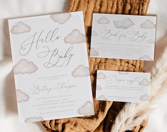 Hello Baby Modern Neutral Cloud Baby Invitation Set Template, Boho Baby Shower Invite, Gender Baby Shower, bohemian reveal, Editable, 113