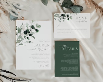 Greenery Wedding Invitation Template Set, Wedding Botanical Wedding Invitation, Leaves Invitation Suite, Printable , Instant Download, 80