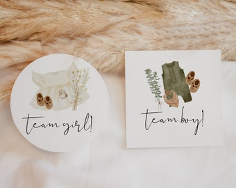 Stickers fête sexe, équipe de filles, équipe de garçons, épingles de révélation de genre, étiquettes de révélation de genre, vêtements baby shower, bohème, modèle, modifiable, 95
