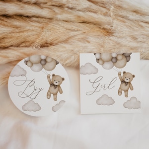 Gender Reveal Party Stickers, Team Girl, Team Boy, Gender Reveal Pins, Gender Reveal Tags, Bear Ballons Baby Shower, Template, Editable, 103