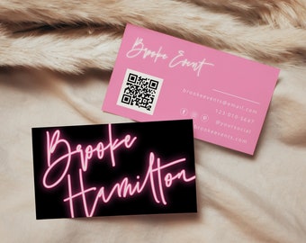 Pink Neon Business Card with QR code, Black Pink Business Card, Modern Beauty Business Card, Lashes Business, DIY Business, Template, 84