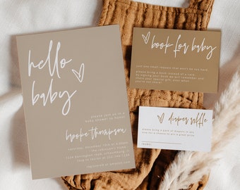 Minimalistische Babypartyeinladung, Geschlechtsneutrales Babyparty-Paket, Bücher für Baby-Windel-Verlosung, moderne Boho-Babypartyeinladung, 41G