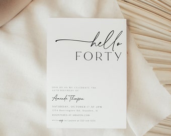 Hello Forty Birthday Invitation Template, Adult Birthday, Women's, Boho Theme, Modern Birthday, 30th, 50th, Thirty, Download, Minimalist, 89