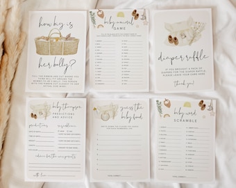 Puede incluir: Un conjunto de tarjetas de juego de baby shower imprimibles con una paleta de colores neutros beige, marrón y blanco. Las tarjetas presentan ilustraciones de artículos para bebés, como una cuna, un biberón y un pañal. El texto en las tarjetas incluye "How big is her belly?", "Baby Animal Game", "Diaper Raffle", "Baby Thompson Predictions and Advice", "Guess the Baby Food", and "Baby Word Scramble".