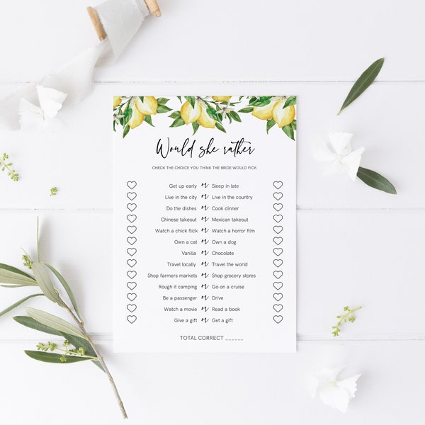 Would She Rather Bridal Shower Game, Summer Citrus Lemon Bridal Shower Template, Guess Who Said It, Instant Download, Templett