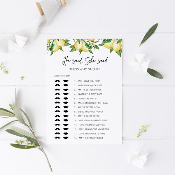 He Said She Said Bridal Shower Game, Summer Citrus Lemon Bridal Shower Template, Guess Who Said It, Instant Download, Templett