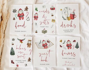 Pode incluir: Seis sinais imprimíveis com ilustrações de aquarela de um bebê vestido de Papai Noel, homens de gengibre, bengalas de doces e outras decorações de Natal. Os sinais são para um chá de bebê e incluem o texto "food", "cards & gifts", "drinks", "babies are sweet", "guest book" e "favors".