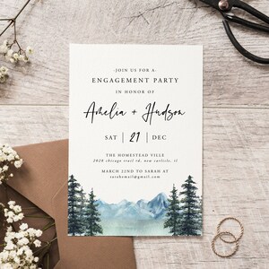 Engagement Party Invitation, Mountain, Woodland Pine, Rustic Wedding, Lakeside Editable Template, Instant Download, Templett, 005
