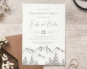 Engagement Party Invitation, Mountain, Woodland Pine, Rustic Wedding, Lakeside Editable Template, Instant Download, Templett, 001