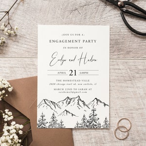 May include: A white engagement party invitation with black text. The invitation features a hand-drawn illustration of mountains and trees. The text reads "Join us for an engagement party in honor of Evelyn and Hudson. April 21, 6:00 PM. The Homestead Ville, 2028 Chicago Trail Rd, New Carlisle, IL. March 22nd to Sarah at sarahemail@gmail.com."