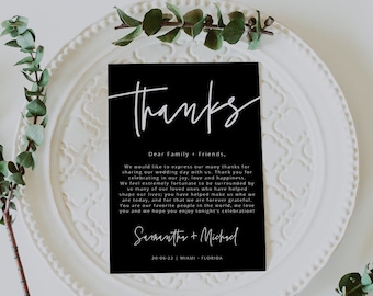 Modern Thank You Card, Black Thank You Letter Note, Printable Wedding Menu Thank You, Editable Template, Instant Download, Templett, 41