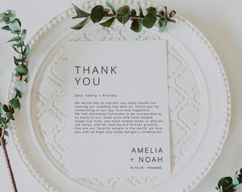 Minimalist Thank You Card, Thank You Letter Note, Printable Wedding Menu Thank You, Editable Template, Instant Download, Templett, 039
