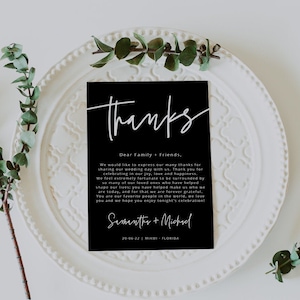 Modern Thank You Card, Black Thank You Letter Note, Printable Wedding Menu Thank You, Editable Template, Instant Download, Templett, 41 image 1