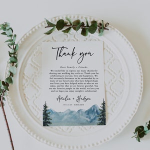 Tarjeta de agradecimiento de montaña, carta de agradecimiento, menú de boda imprimible, plantilla editable, descarga instantánea, Templett, 005
