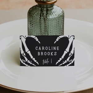 Halloween Place Card Template, with Meal Option, Printable Skeleton Wedding Escort Card,  INSTANT DOWNLOAD, Editable, Gothic, Dramatic, 69