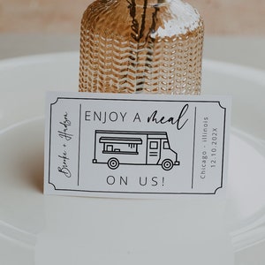Moderne bruiloft foodtruck ticketsjabloon, minimale bruiloft drankje voucher, foodtruck tickets, bruiloft maaltijd tokens feestkaarten, 003