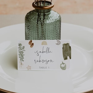 Modèle de marque-place pour baby shower bohème, marque-places imprimables, Shower de bébé vêtements, Shower de bébé garçon, neutre, téléchargement, modifiable, 95