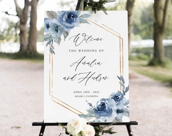 Printable Wedding Sign #B97 Dusty Blue Wedding Welcome Sign Template Templett Blue Floral Wedding Welcome Sign