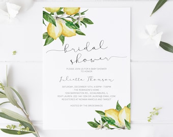 May include: A white card with black text announcing a bridal shower for Julietta Thomson. The card is decorated with a watercolor illustration of lemons and leaves. The text reads "bridal shower" and includes the date, time, location, and RSVP information.