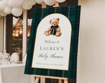 Cartel de bienvenida clásico a cuadros para baby shower, póster de bienvenida con osito de peluche, azul oscuro y verde, Canva, 152