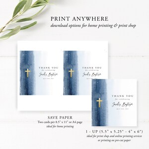 May include: Two blue watercolor thank you cards with a gold cross and the text "Thank You for celebrating Jack's Baptism". The cards are designed for home printing or printing at a print shop.