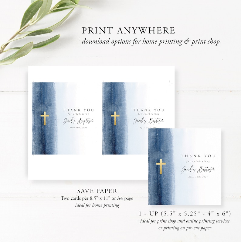 May include: Two blue watercolor thank you cards with a gold cross and the text "Thank You for celebrating Jack's Baptism". The cards are designed for home printing or printing at a print shop.