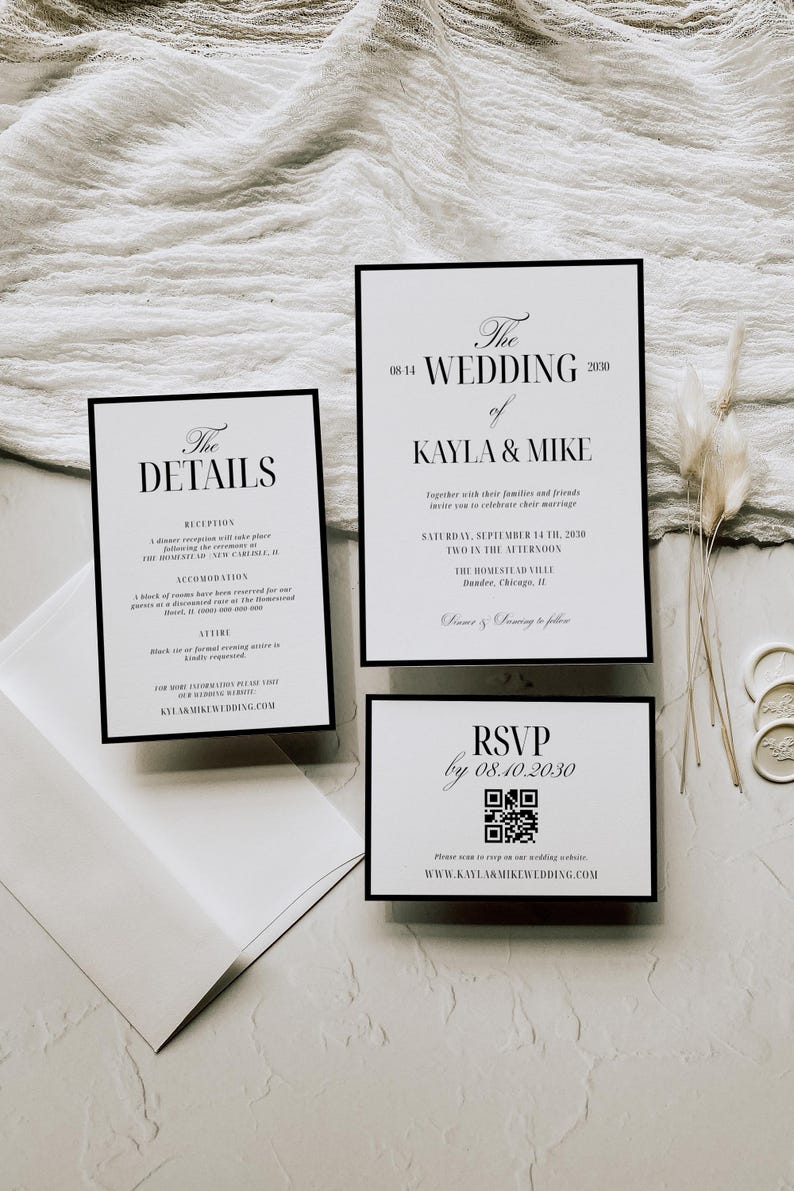 May include: Elegant wedding invitation suite with black text on white cards. The suite includes a details card, a wedding invitation, and an RSVP card. The invitation features the names Kayla & Mike and the wedding date.