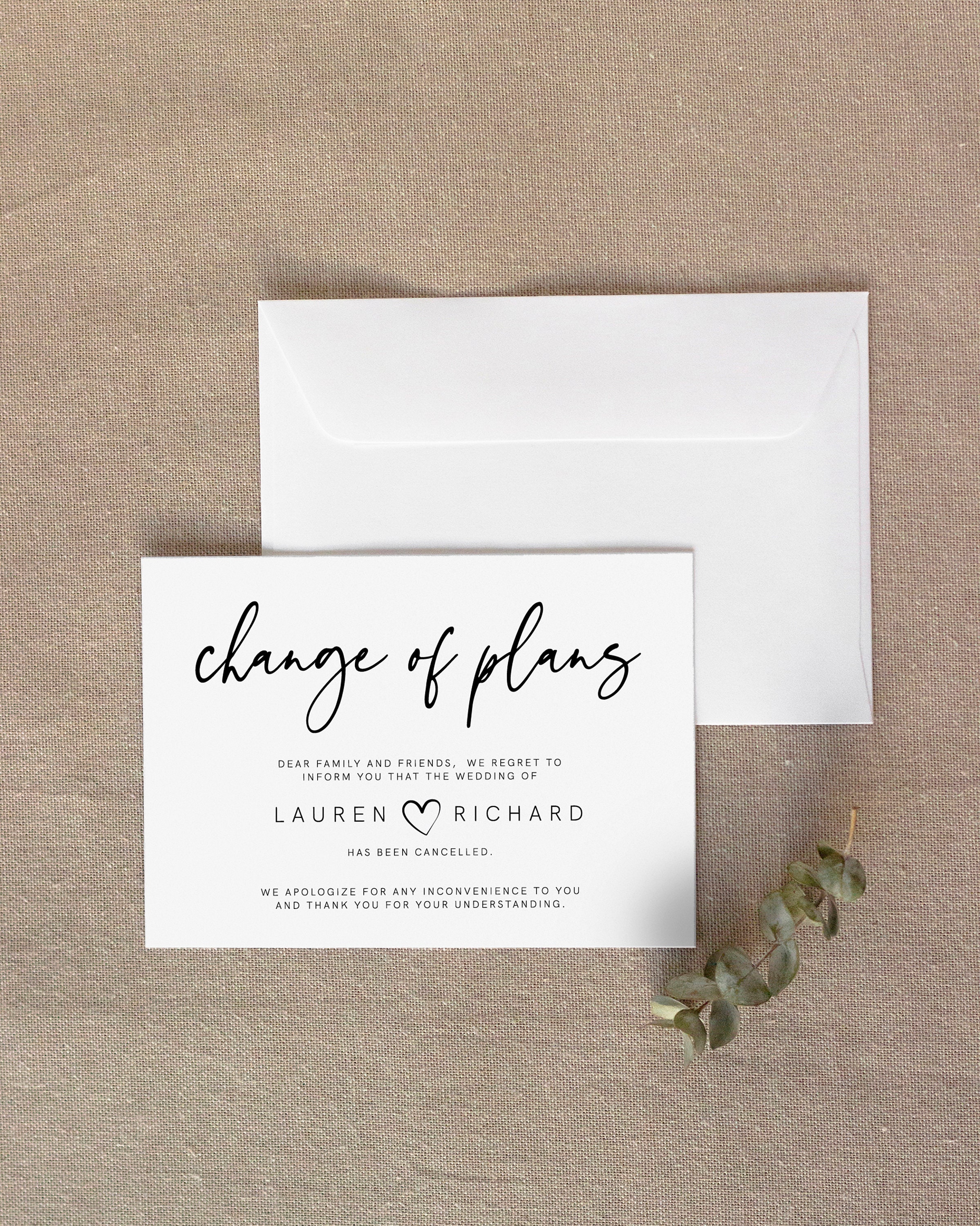 Change of Plans Wedding Card, Wedding Cancellation ,Postponed, Plan change card, Cancel Wedding, Regret INSTANT DOWNLOAD, Editable, Template