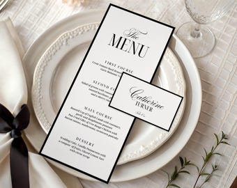Classic Old Money Menu & Place Card Set, Timeless Vintage Wedding Dinner Menu Card, Minimalist Luxury Reception Name Cards, Canva, 145