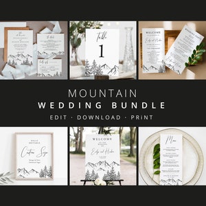 Mountain Wedding Bundle, Wedding Essential Template, Mountain Invitation Suite, 100% Editable, Pine, Instant Download, Templett, 001