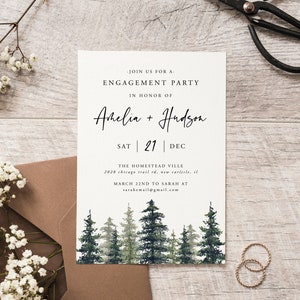 May include: A white card with a forest green watercolor background. The text reads "JOIN US FOR A. ENGAGEMENT PARTY IN HONOR OF Amelia + Hudson SAT 21 DEC THE HOMESTEAD VILLE 2028 chicago trail rd, new carlisle, il MARCH 22ND TO SARAH AT sarahemail@gmail.com"