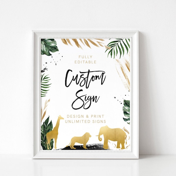 Safari Custom Sign Template, Safari Baby Shower, Table Sign, Create Any Sign, Birthday Sign, Jungle, INSTANT DOWNLOAD, Templett