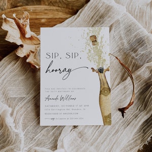 Sip Sip Champagne Minimalist Birthday Party Invitation, Printable Cocktail Birthday Invitation Template, Sip Sip Hooray Birthday, 89