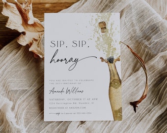 Sip Sip Champagne Minimalist Birthday Party Invitation, Printable Cocktail Birthday Invitation Template, Sip Sip Hooray Birthday, 89