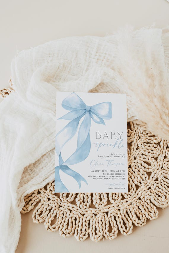 Blue Bow Baby Sprinkle Invitation, Baby Shower Invite, Baby Boy Sprinkle, Soft Delicate Blue Pastel Ribbon, Editable Canva, 134