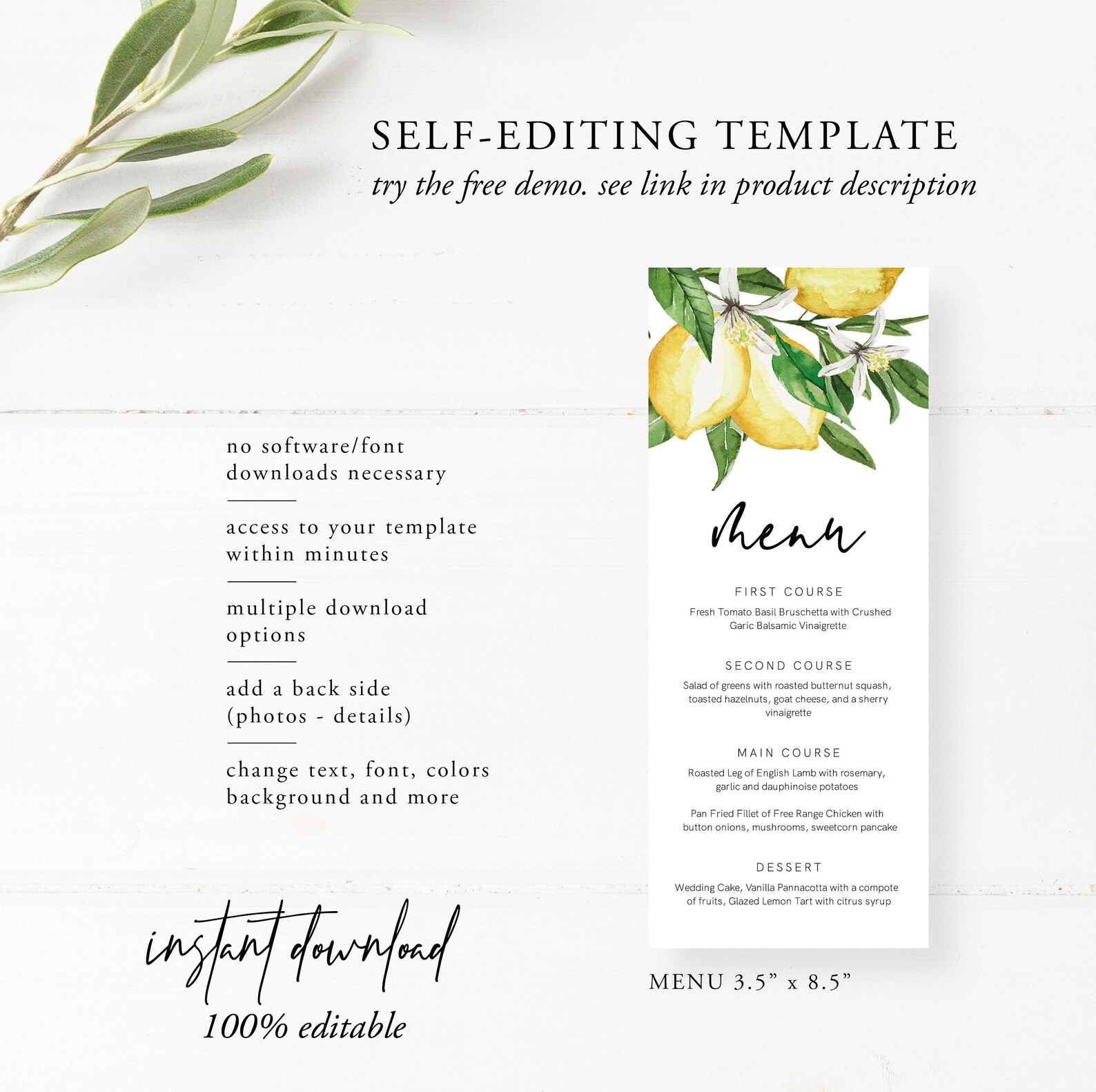 Lemon Menu Template Citrus Menu Printable Wedding Dinner Etsy