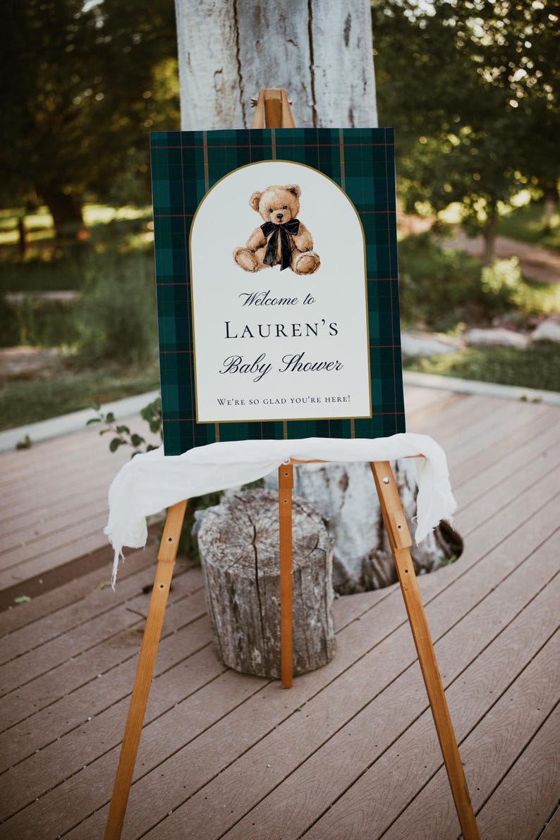 Classic Plaid Baby Shower Welcome Sign Teddy Bear Welcome Poster Dark ...