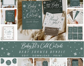 Baby It's Cold Outside Baby Shower Invitation Bundle, Winter Wonderland Baby Shower, Modern Green Baby Shower, Editable, Pine, 129