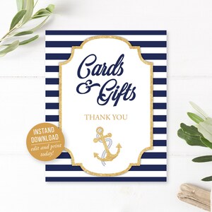 Cartello nautico per biglietti e regali, Baby Shower per bambini, Gioco "Non dire bambino", Download digitale, Nautico, Ancora da gioco, Blu navy, Oro