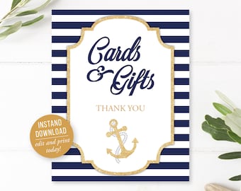 Cards and Gifts Sign Nautical, Baby Shower Boy, Dont Say Baby Game Sign, Digital Download, Nautical, Games Anchor, Navy, Gold