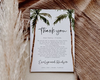 Palm Tree Thank You Card, Thank You Letter Note, Printable Wedding Menu Thank You, Editable Template, Instant Download, Templett, 44