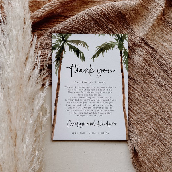 Palm Tree Thank You Card, Thank You Letter Note, Printable Wedding Menu Thank You, Editable Template, Instant Download, Templett, 44