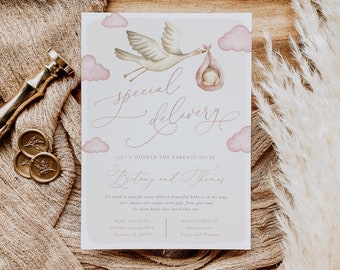 Stork Baby Shower By Mail Invitation, Special Delivery Girl Baby Shower Digital Invite Template, Mail In Baby, Download, Girl Stork, 110A