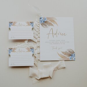 Panneau et cartes de conseils pour bébé, modèle de carte de conseils, baby shower d'herbe de la pampa bleue, bohème, bohème, neutre, tropical, téléchargement immédiat