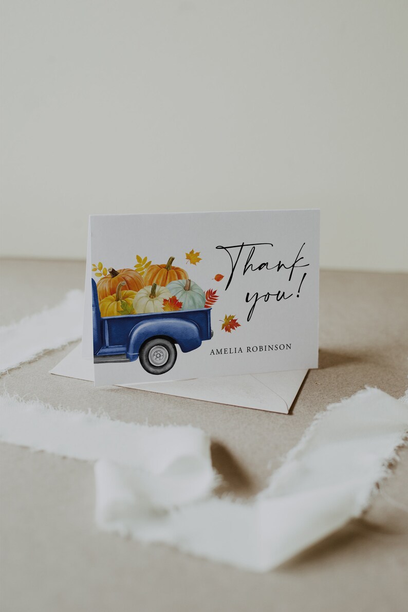 Pumpkin Thank You Card Template, Truck Pumpkin Thank You Card, Baby Shower Thank You Folded Card, Note Card, Instant Download, Template image 1