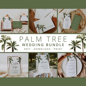 Palm Tree Wedding Bundle, Wedding Essential Template, Tropical Invitation Suite, 100% Editable, Beach, Instant Download, Templett, 44